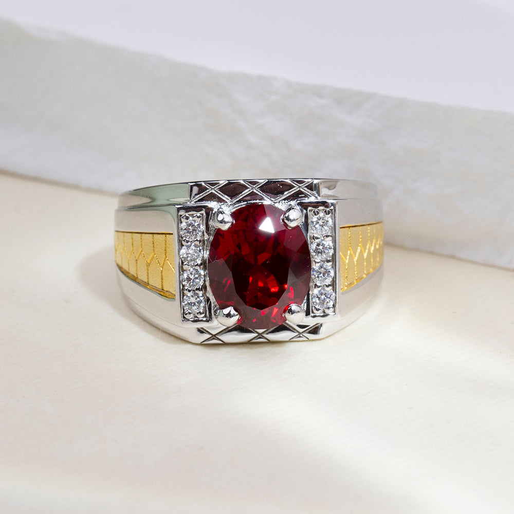Eco-1890: Crimson Crest – Lab-Grown Ruby & Diamond Men’s Ring in 18K White and Yellow Gold