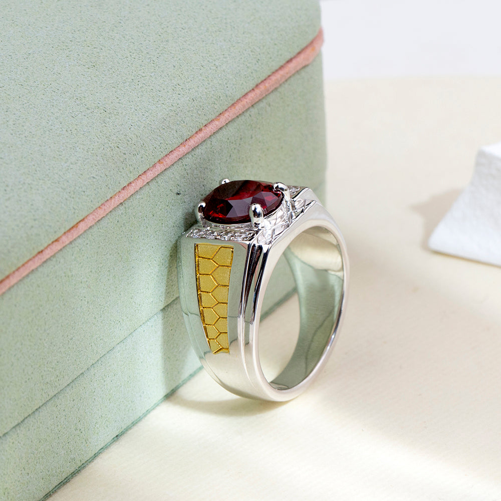 Eco-1890: Crimson Crest – Lab-Grown Ruby & Diamond Men’s Ring in 18K White and Yellow Gold