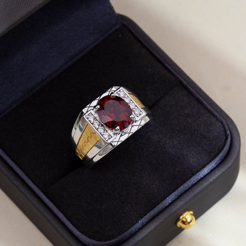 Eco-1890: Crimson Crest – Lab-Grown Ruby & Diamond Men’s Ring in 18K White and Yellow Gold
