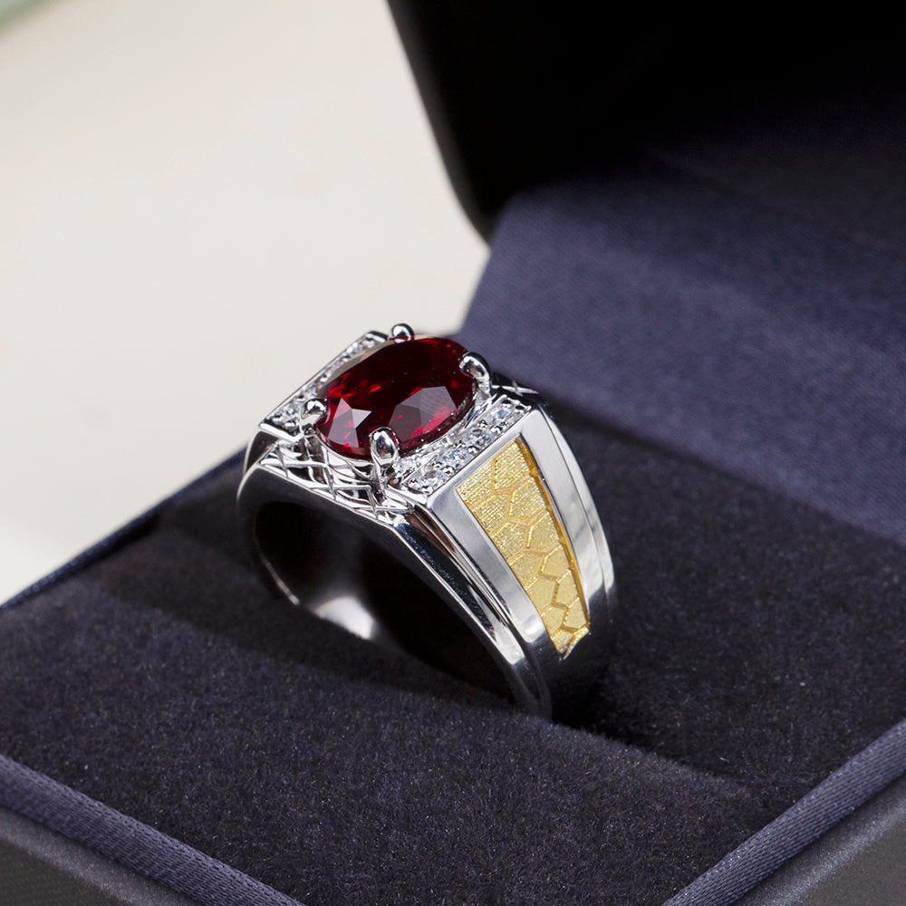 Eco-1890: Crimson Crest – Lab-Grown Ruby & Diamond Men’s Ring in 18K White and Yellow Gold
