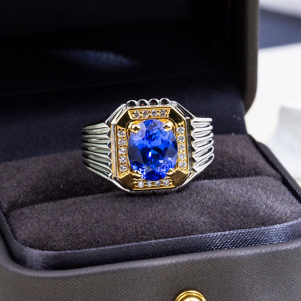 Eco-1891: Sapphire Sovereign – Lab-Grown Blue Sapphire & Diamond Ring in 18K White and Yellow Gold