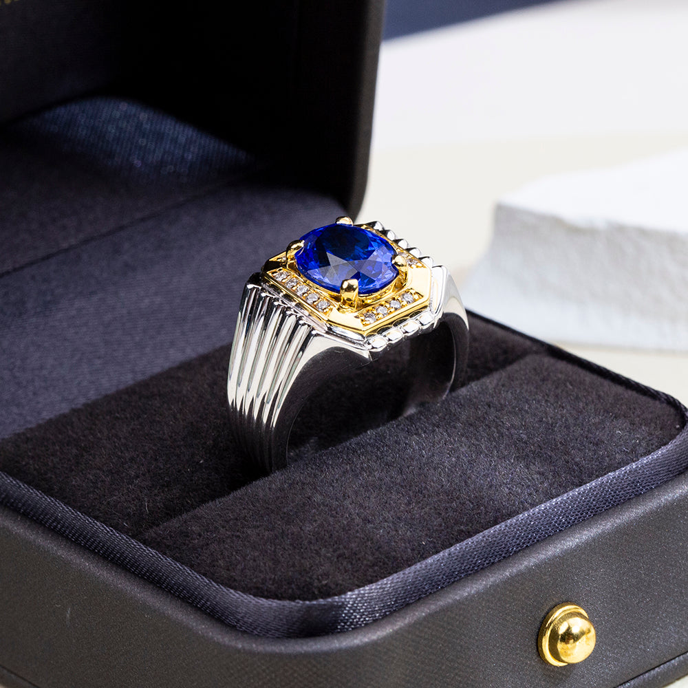 Eco-1891: Sapphire Sovereign – Lab-Grown Blue Sapphire & Diamond Ring in 18K White and Yellow Gold
