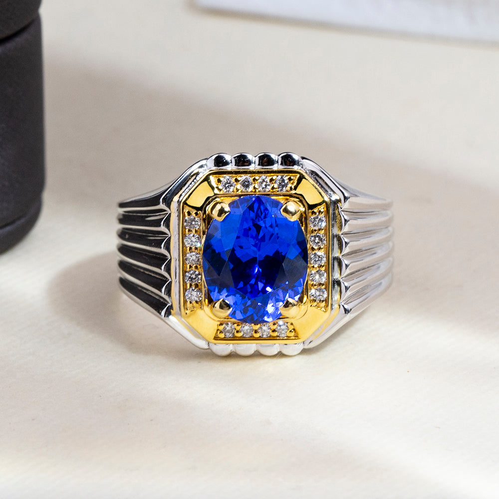 Eco-1891: Sapphire Sovereign – Lab-Grown Blue Sapphire & Diamond Ring in 18K White and Yellow Gold