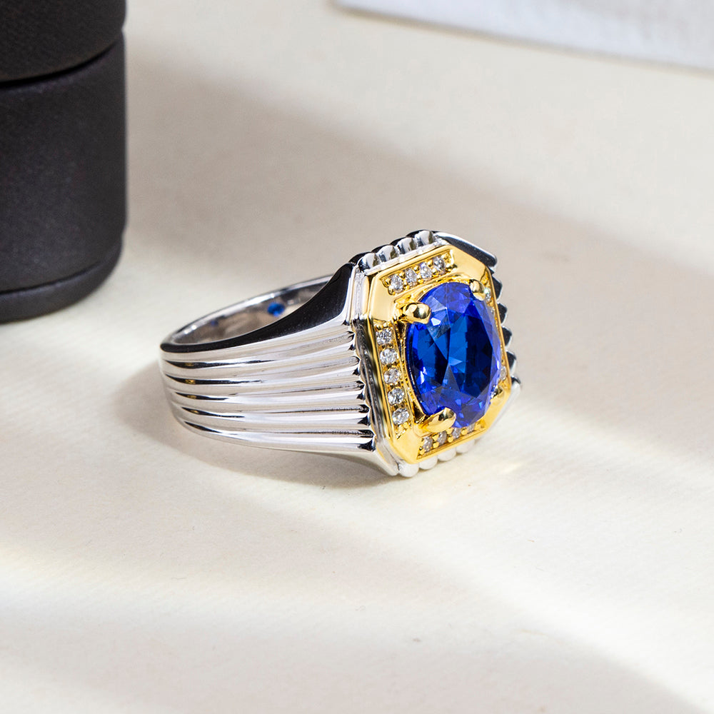 Eco-1891: Sapphire Sovereign – Lab-Grown Blue Sapphire & Diamond Ring in 18K White and Yellow Gold