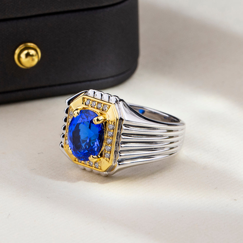 Eco-1891: Sapphire Sovereign – Lab-Grown Blue Sapphire & Diamond Ring in 18K White and Yellow Gold