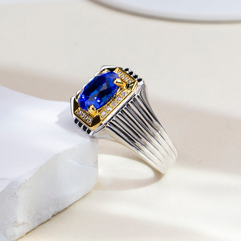 Eco-1891: Sapphire Sovereign – Lab-Grown Blue Sapphire & Diamond Ring in 18K White and Yellow Gold