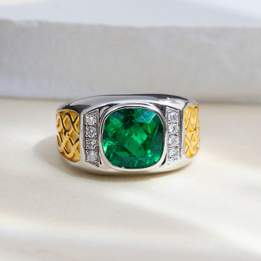 Eco-1889: Emerald Legacy – Lab-Grown Green Emerald Cushion Ring in 18K White ; Yellow Gold