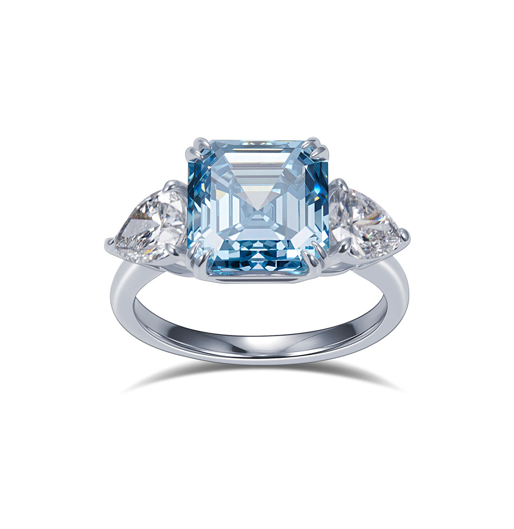 Eco-1859: Azure Legacy – Lab-Grown Blue Diamond Trilogy Ring in 18K White Gold