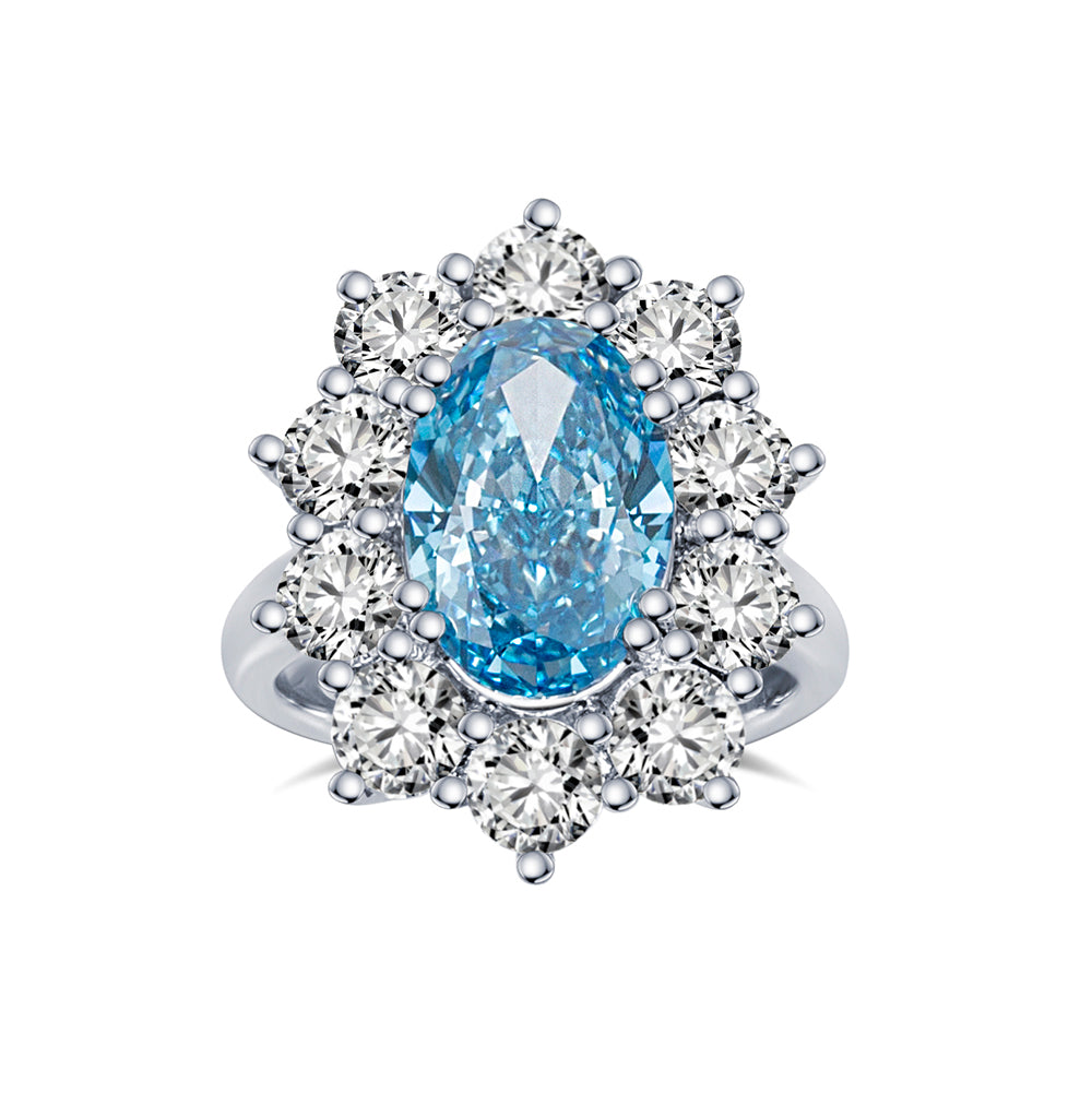 Eco-1820: Celestial Bloom – Lab-Grown Blue Sapphire & Diamond Halo Ring in 18K White Gold