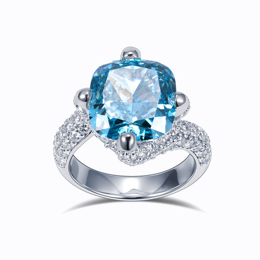 Eco-1813: Celestial Depth – Lab-Grown Blue Sapphire & Diamond Halo Ring in 18K White Gold