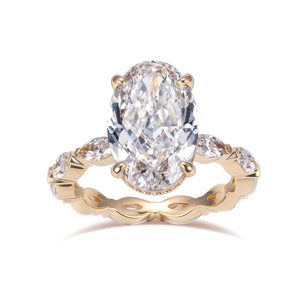 Eco-1904: Crowned Grace – Lab-Grown Oval Diamond Halo Ring with Marquise Band in 18K Yellow Gold
