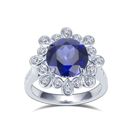 Eco-1905: Midnight Bloom – Lab-Grown Blue Sapphire & Diamond Halo Ring in 18K White Gold