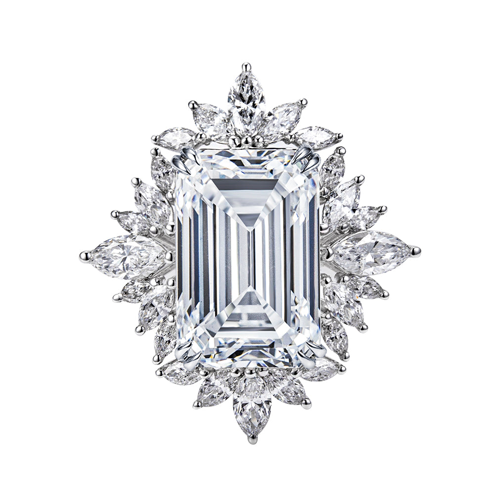 Eco-1842: スターバースト グレース – ラボグロウンダイヤモンド フローラルハローリング 18Kホワイトゴールド