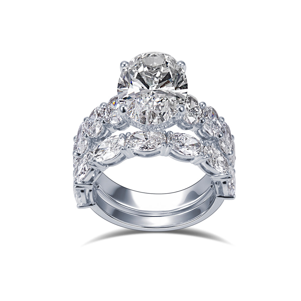 Eco-1852: Crowned Radiance – Lab-Grown Oval Diamond & Marquise Halo Bridal Set in 18K White Gold