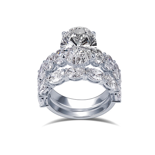 Eco-1852: Crowned Radiance – Lab-Grown Oval Diamond & Marquise Halo Bridal Set in 18K White Gold