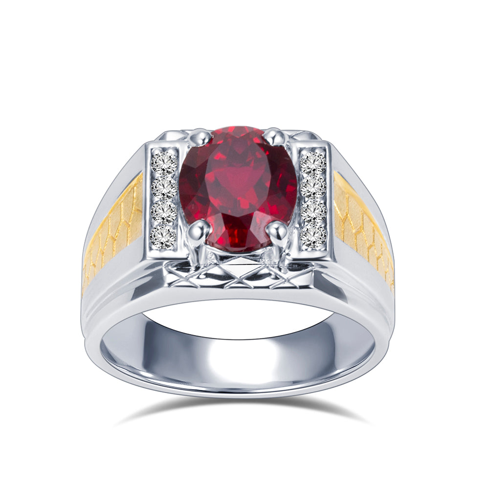 Eco-1890: Crimson Crest – Lab-Grown Ruby & Diamond Men’s Ring in 18K White and Yellow Gold