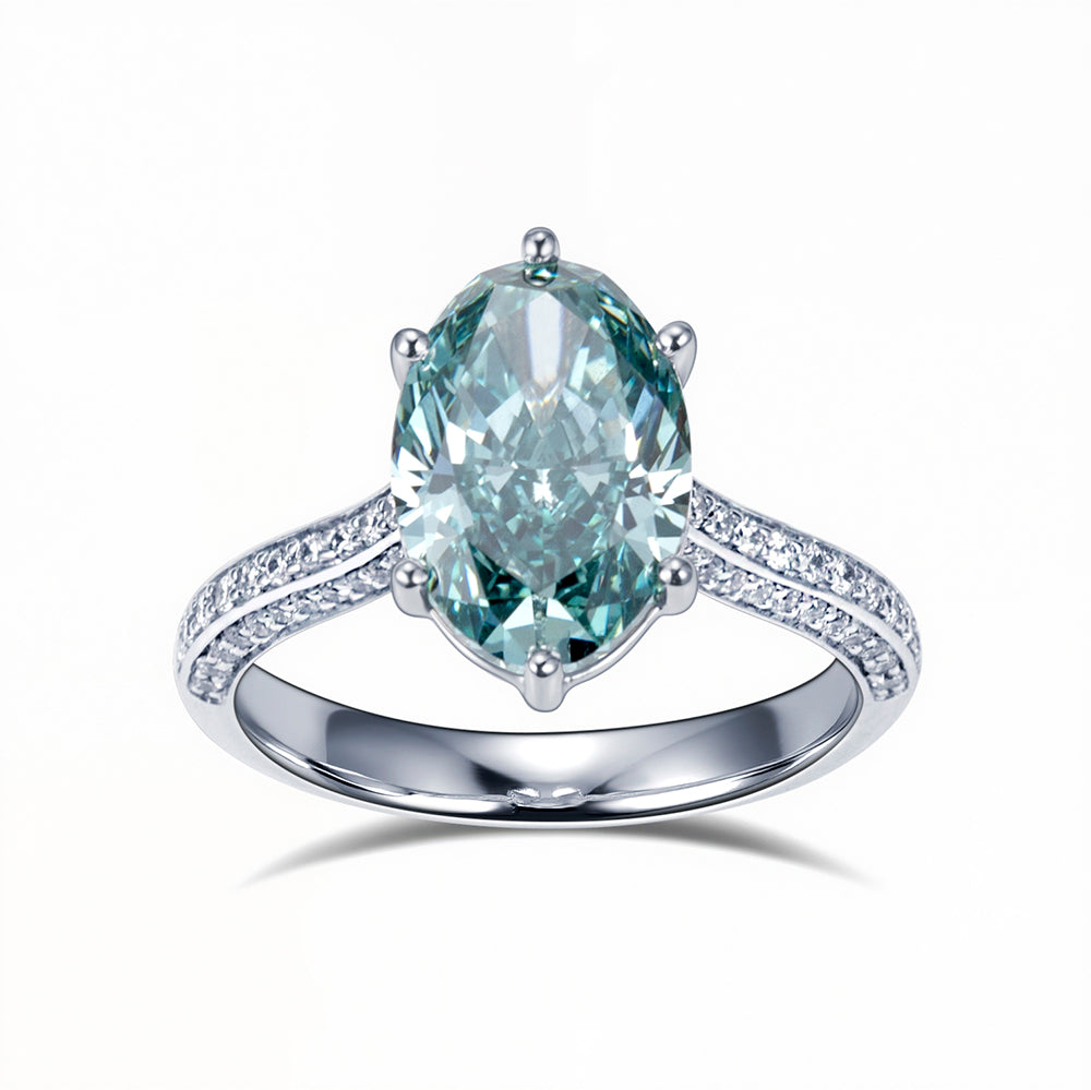 Eco-1834: Gota Celestial – Anillo con halo de diamantes azules cultivados en laboratorio en oro blanco de 18 quilates 