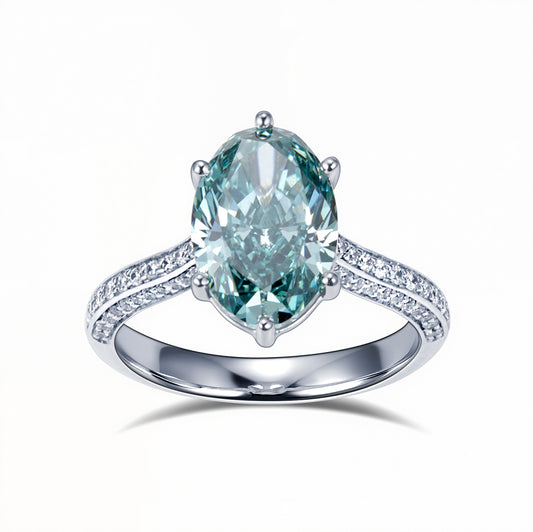 Eco-1834: Gota Celestial – Anillo con halo de diamantes azules cultivados en laboratorio en oro blanco de 18 quilates 