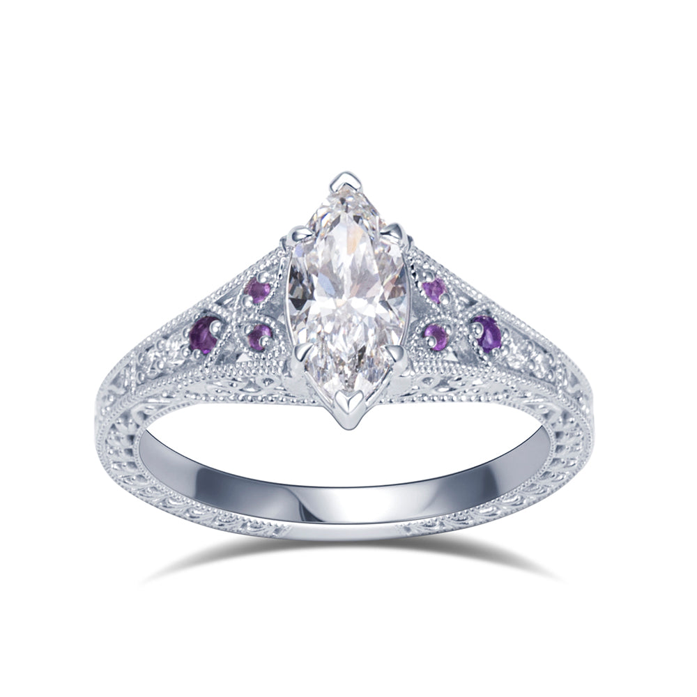 Eco-1885: Twilight Filigree – Lab-Grown Marquise Diamond; Amethyst Ring in 18K White Gold