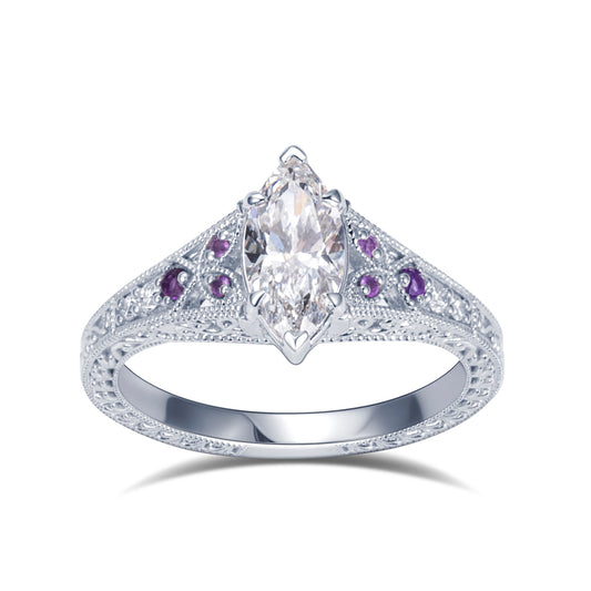 Eco-1885: Twilight Filigree – Lab-Grown Marquise Diamond; Amethyst Ring in 18K White Gold