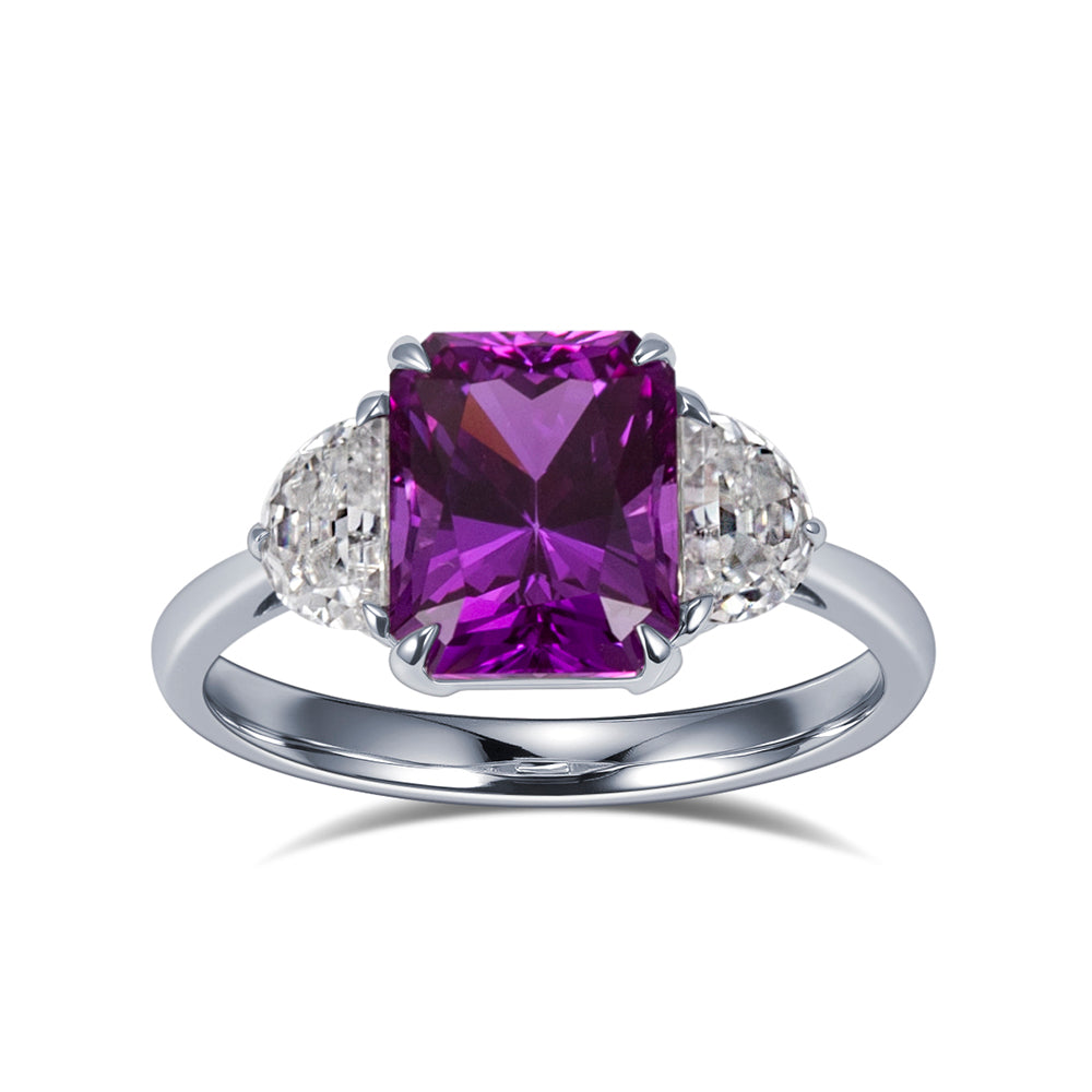 Eco-1824: Violet Flame – Lab-Grown Amethyst &  Diamond Trilogy Ring in 18K White Gold