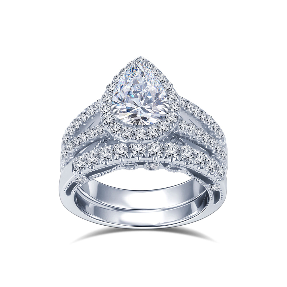 Eco-1857: Tears of Light – Lab-Grown Pear Diamond Halo Bridal Set in 18K White Gold