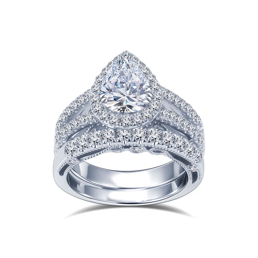 Eco-1857: Tears of Light – Lab-Grown Pear Diamond Halo Bridal Set in 18K White Gold