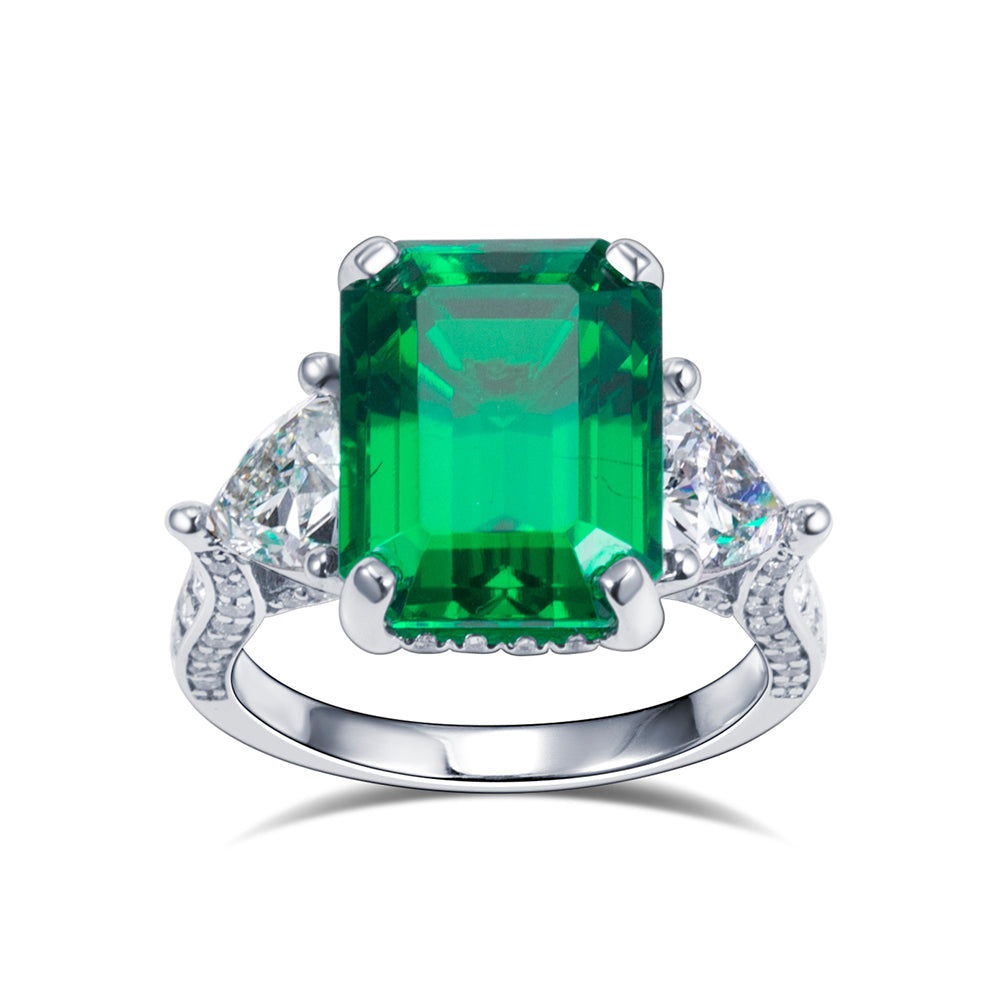 Eco-1816: Emerald Reverie – Lab-Grown Emerald & Diamond Trilogy Ring in 18K White Gold