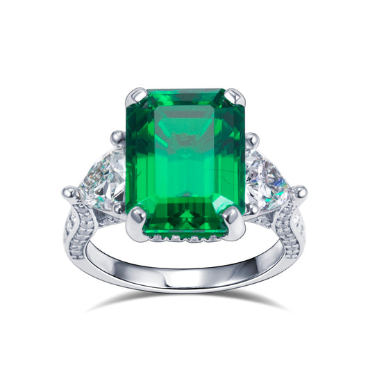 Eco-1816: Emerald Reverie – Lab-Grown Emerald & Diamond Trilogy Ring in 18K White Gold