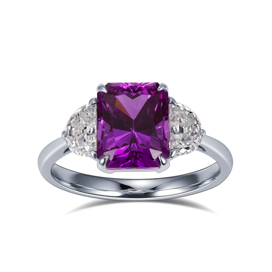 Eco-1824: Violet Flame – Lab-Grown Amethyst &  Diamond Trilogy Ring in 18K White Gold