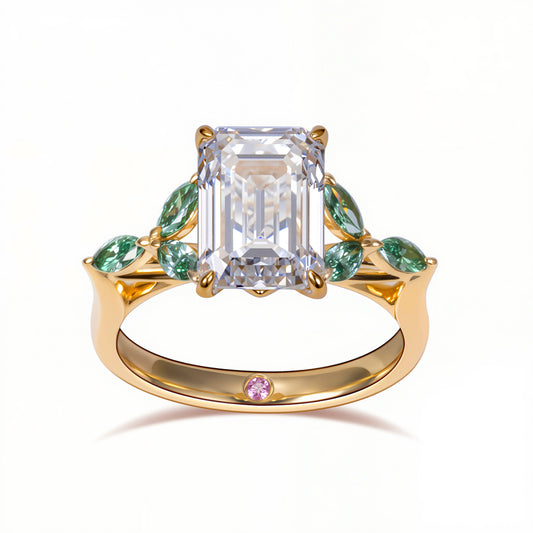 Eco-1833: Garden of Light – Lab-Grown Diamond & Emerald Leaf Ring in 18K Yellow Gold