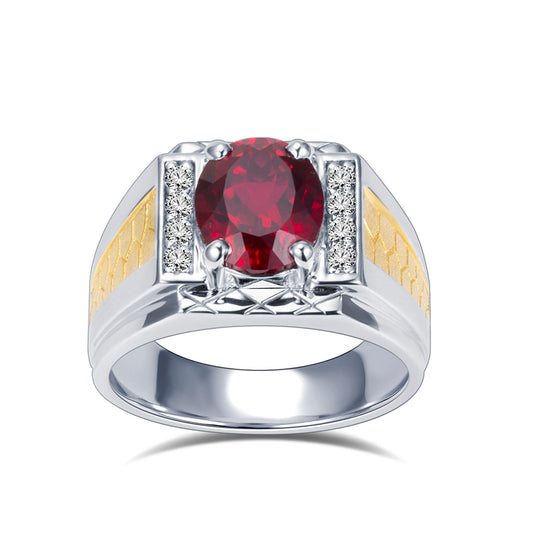 Eco-1890: Crimson Crest – Lab-Grown Ruby & Diamond Men’s Ring in 18K White and Yellow Gold