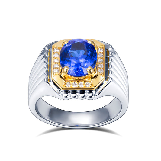Eco-1891: Sapphire Sovereign – Lab-Grown Blue Sapphire & Diamond Ring in 18K White and Yellow Gold