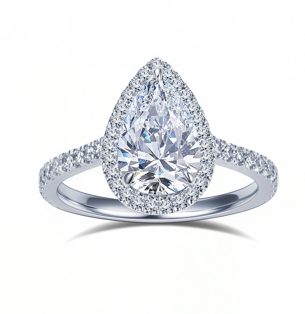 Eco-1884: Teardrop Radiance – Lab-Grown Pear Diamond Halo Ring in 18K White Gold