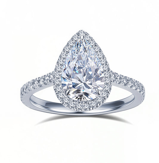 Eco-1884: Teardrop Radiance – Lab-Grown Pear Diamond Halo Ring in 18K White Gold