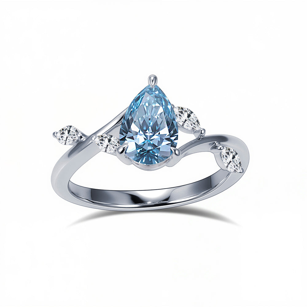 Eco-1860: Skyborn Grace – Lab-Grown Blue Diamond Leaf Ring in 18K White Gold