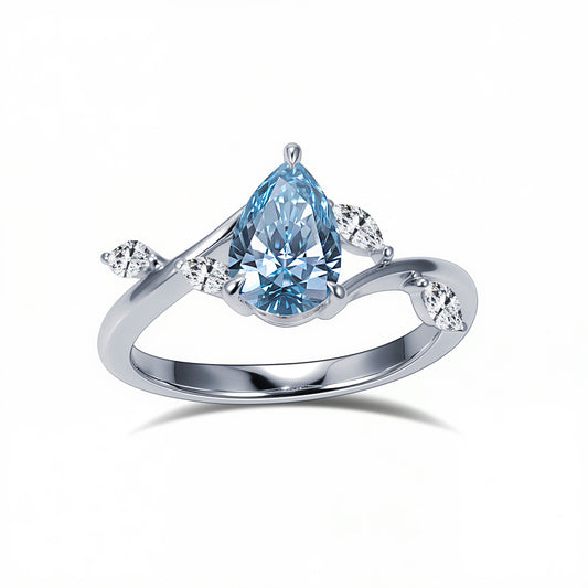 Eco-1860: Skyborn Grace – Lab-Grown Blue Diamond Leaf Ring in 18K White Gold