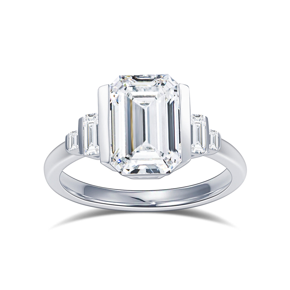 Eco-1882: Stairway of Light – Lab-Grown Emerald-Cut Diamond Ring in 18K White Gold with Graduated Baguette Accents