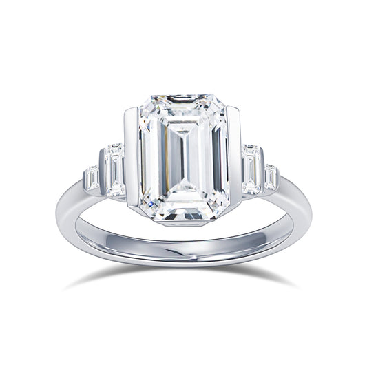 Eco-1882: Stairway of Light – Lab-Grown Emerald-Cut Diamond Ring in 18K White Gold with Graduated Baguette Accents