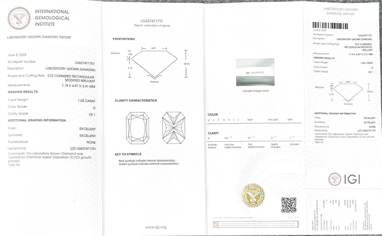 Lab Diamond 1.05CT D VS1 Radiant Cut Cornered Rectangular Modified Brilliant EX EX CVD LG637471751