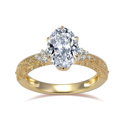 Eco-1902: Golden Bloom – Anillo vintage con diamantes ovalados cultivados en laboratorio en oro amarillo de 18 quilates 