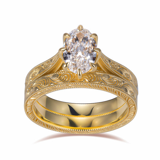Eco-1911: Scroll of Devotion – Lab-Grown Oval Diamond Vintage Bridal Set in 18K Yellow Gold