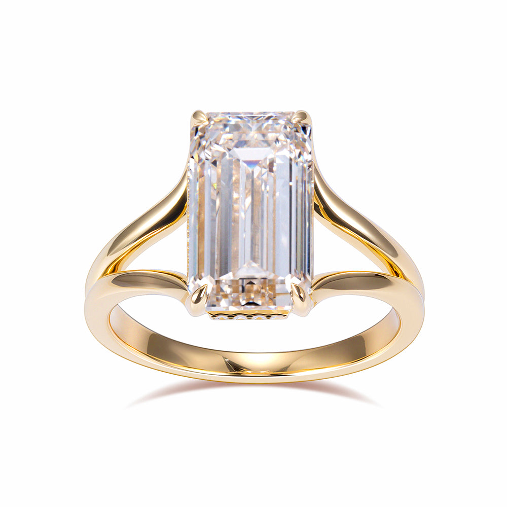 Eco-1912: Golden Axis – Lab-Grown Emerald-Cut Diamond Split Shank Ring in 18K Yellow Gold
