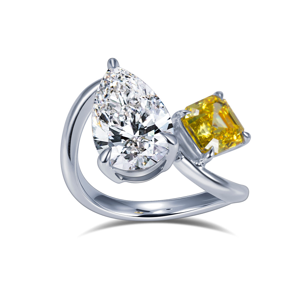 Eco-1916: Duality of Light – Lab-Grown Pear & Yellow Radiant Diamond Bypass Ring in 18K White Gold