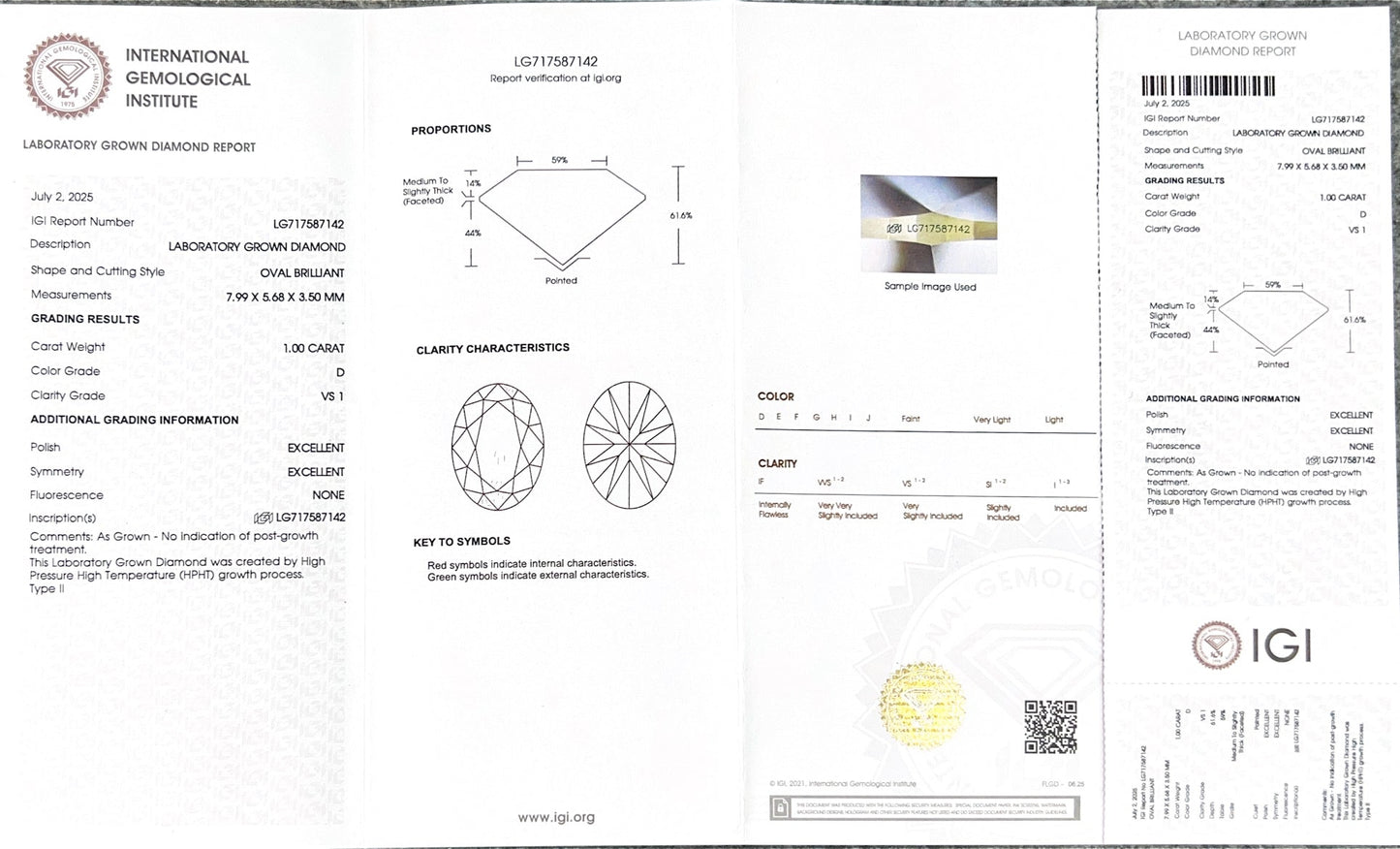 Oval Brilliant D VS1 EX 1ct HPHT Lab Grown Diamond with IGI Certificate LG717587142