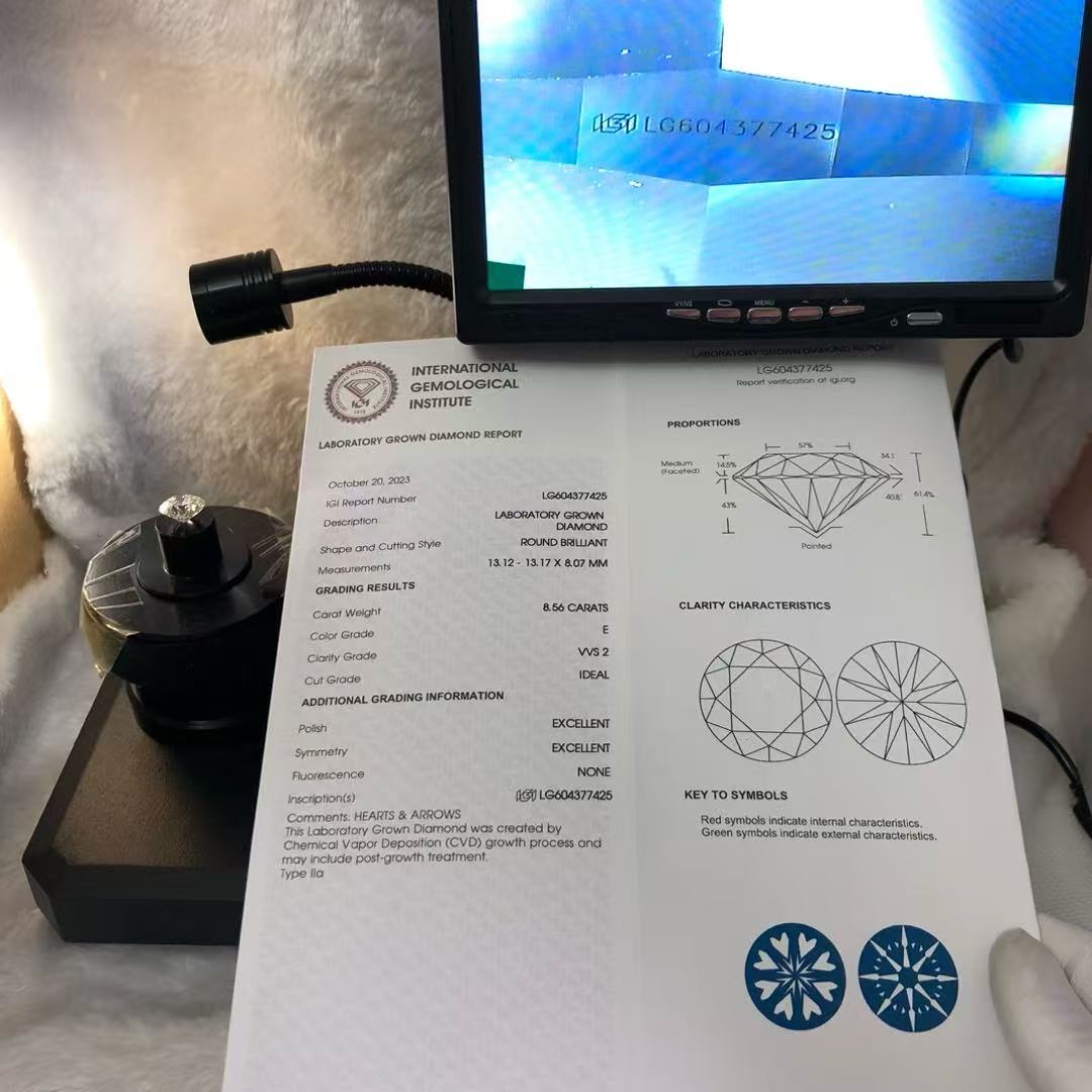 Round Cut 8.56ct E VVS2 CVD Lab Grown Diamond IGI Certificate LG604377425