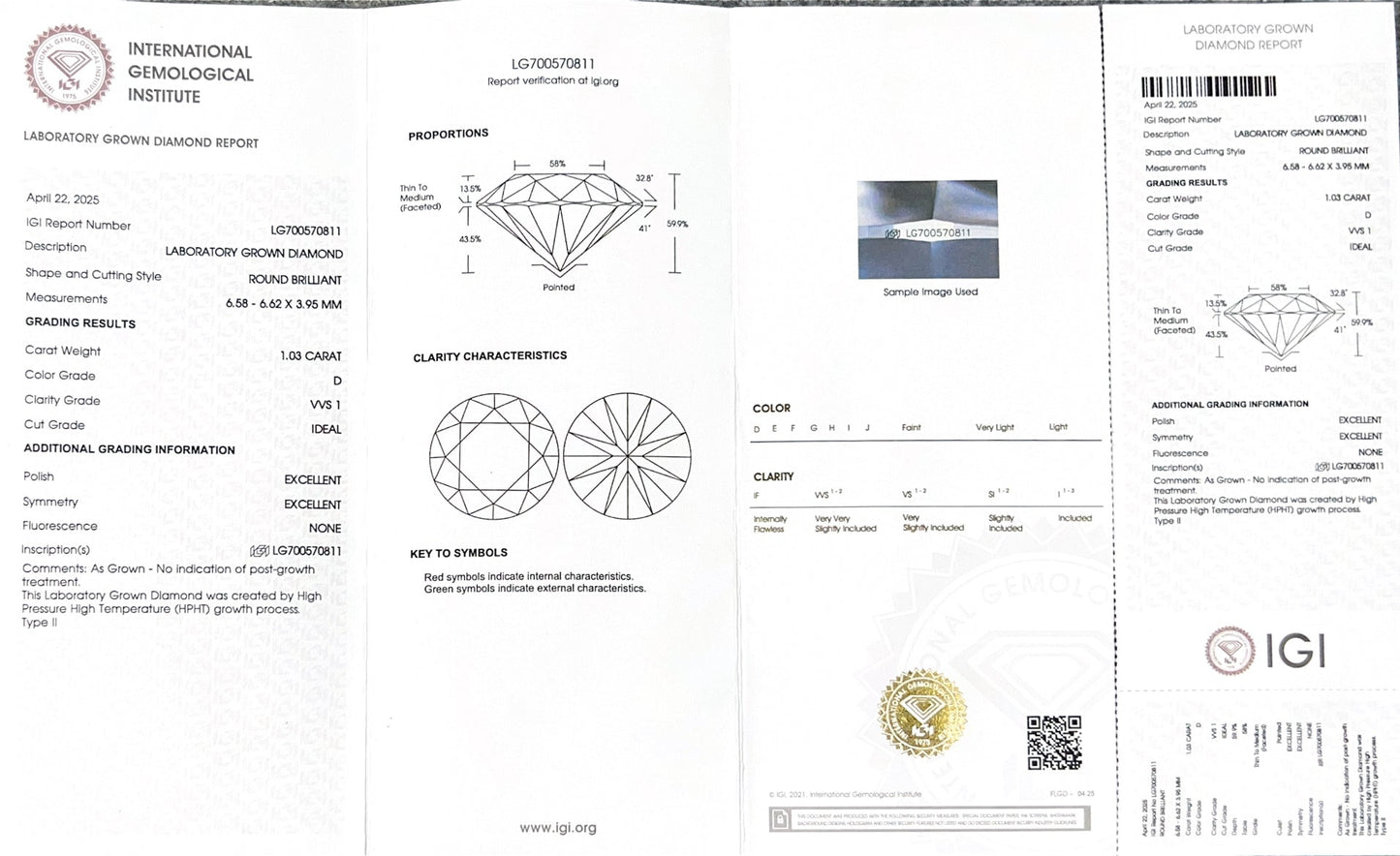 Round Brilliant D VVS1 ID EX EX 1.03ct Lab Grown Diamond with IGI Certificate LG700570811  HPHT
