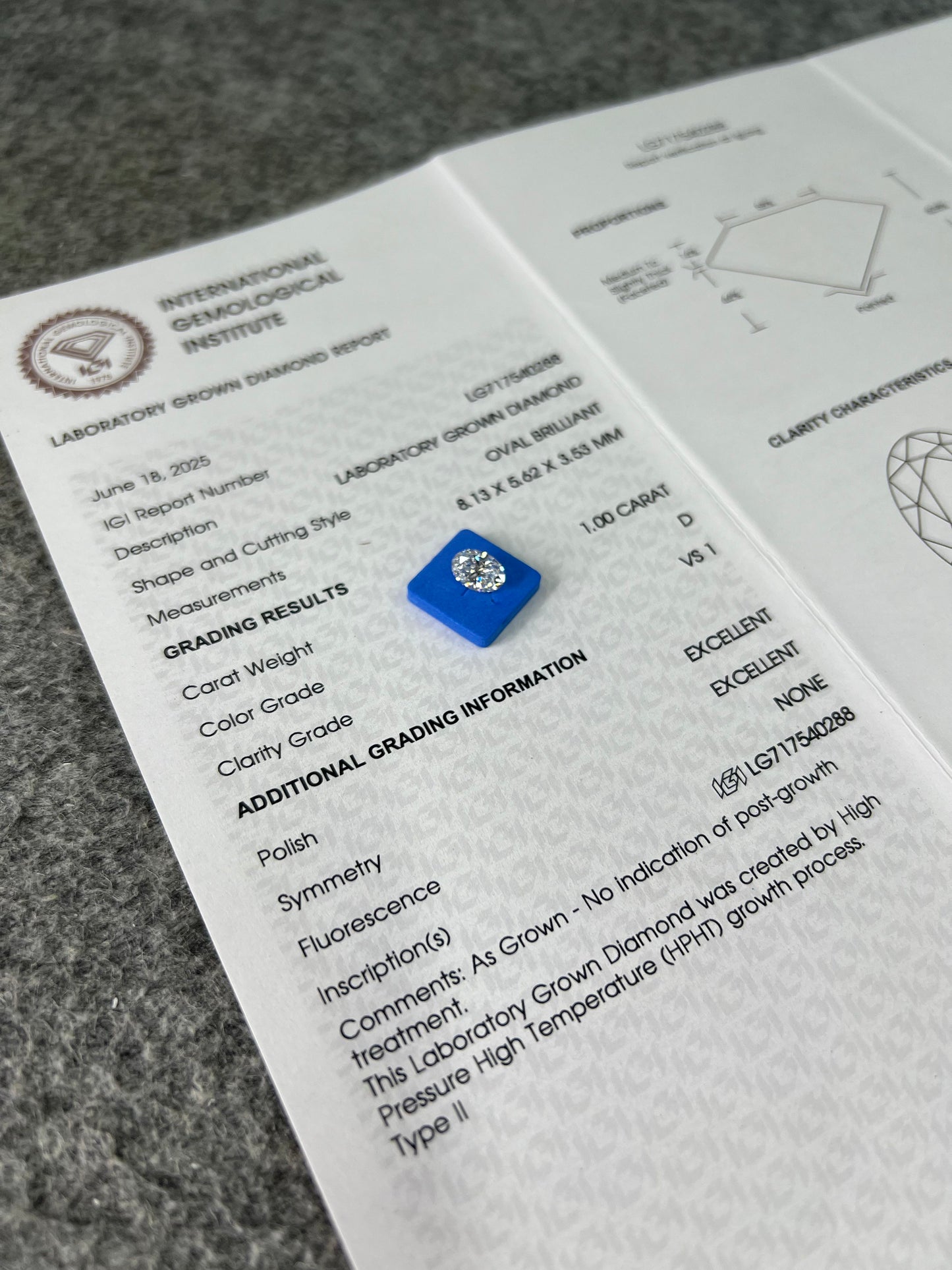 Oval Brilliant D VS1 EX 1ct HPHT Lab Grown Diamond with IGI Certificate LG717540288