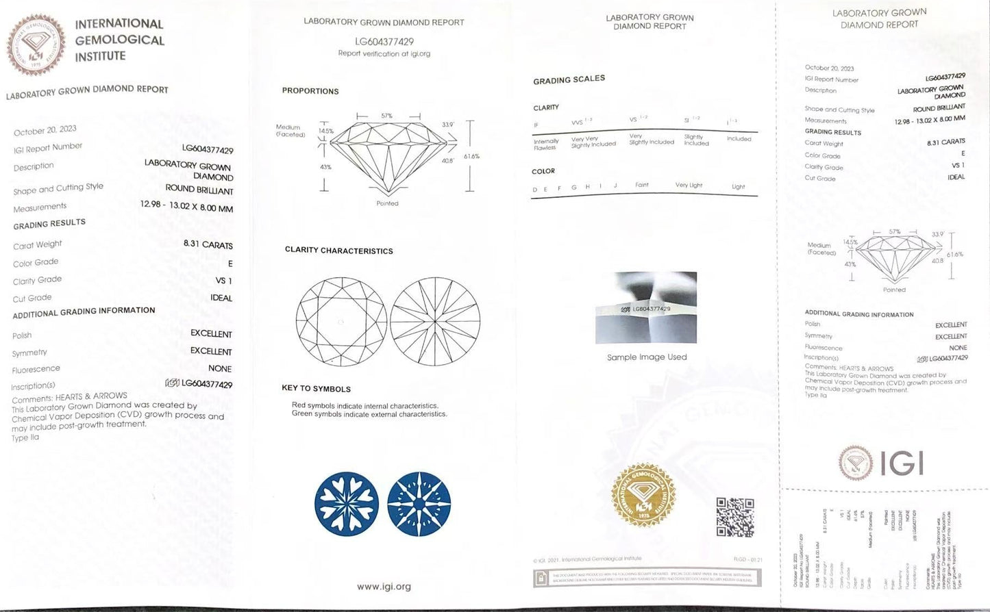 Round Cut 8.31ct E VS1 CVD Lab Grown Diamond IGI Certificate LG604377429