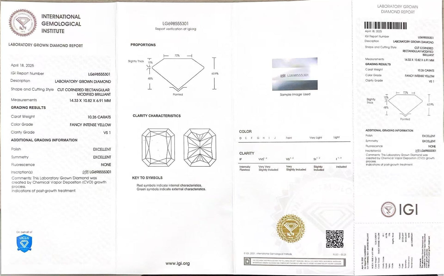 Radiant Cut 10.26ct Fancy Intense Yellow VS1 CVD Lab Grown Diamond IGI Certificate LG 698555301